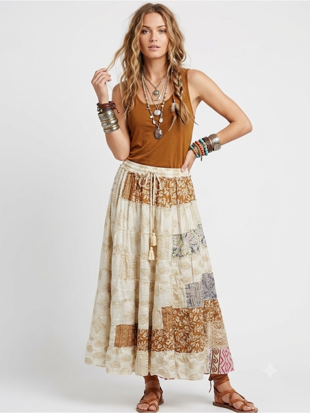 42. Boho Patchwork Sari Silk Maxi Skirt Festival Hippie Gypsy One Size India